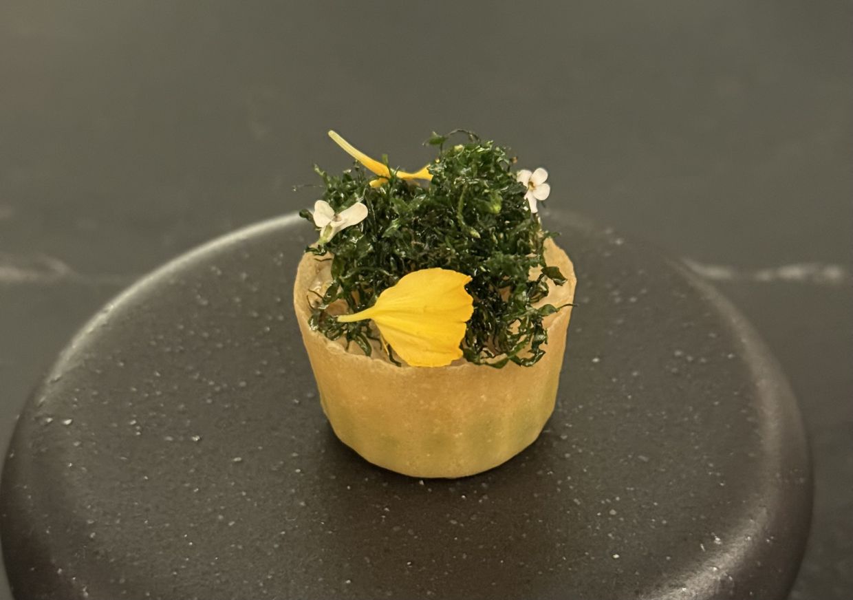 The shisho and avocado puree in a pie tee shell makes for a memorable one-bite wonder.