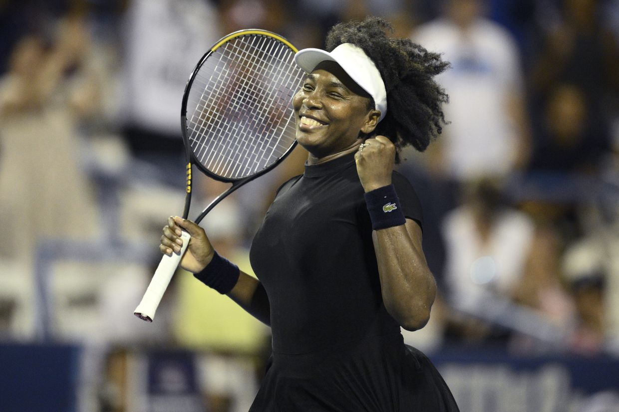 Venus Williams celebrates her win over Peyton Stearns during a match at the Citi Open tennis tournament Tuesday, July 22, 2025, in Washington. Photo: AP