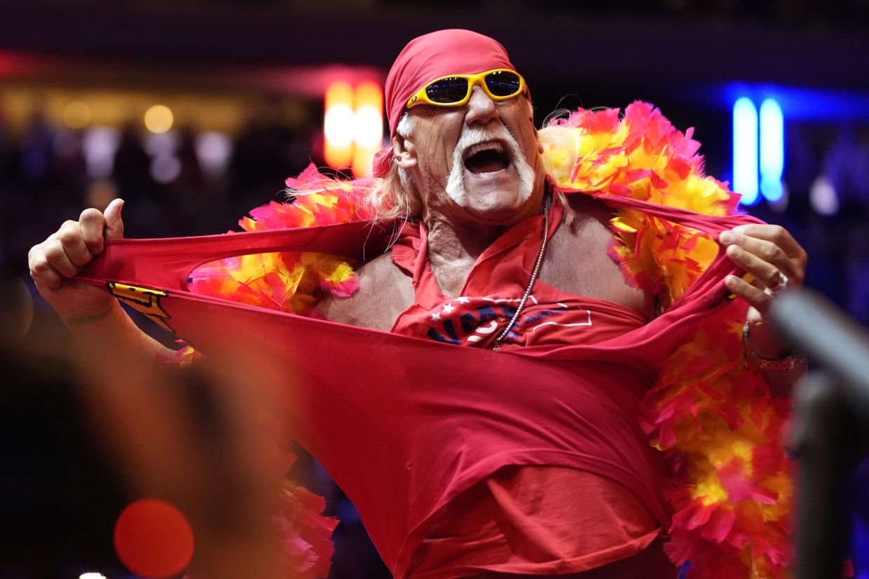 Hulk Hogan rips his shirt before Republican presidential nominee former President Donald Trump speaks at a campaign rally at Madison Square Garden, Oct. 27, 2024, in New York. (AP Photo/Alex Brandon, File)