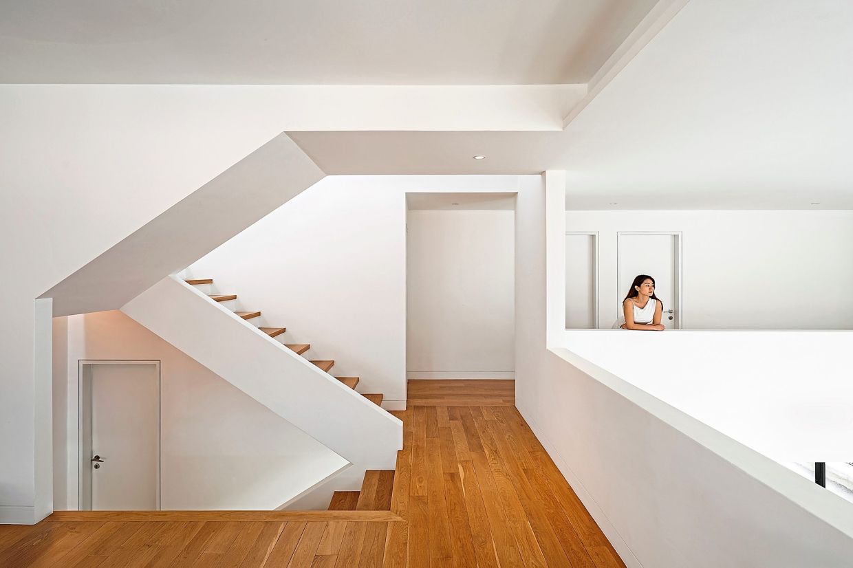 One section of the stairs that leads to the rooftop deck.