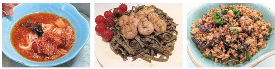 Culinary showcase: (From left) Ryan’s red wine chicken mee sua, spinach fettuccine aglio e olio with prawns, and Thai pad kra pao are favourites among his family.