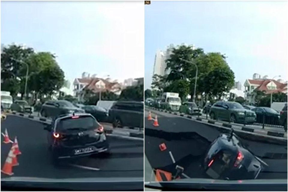 Screenshots from dashcam footage showing a car in a sinkhole at the junction of Mountbatten Road and Tanjong Katong Road on July 26. - Photo courtesy of Lim 