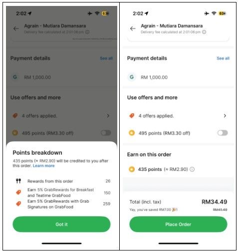 The points earned from the order are also shown as part of the order.