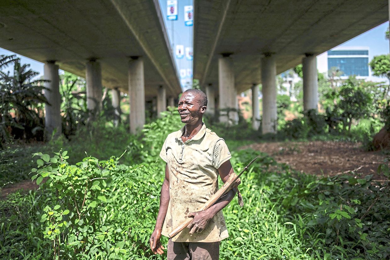 Farmer Haruna Amadou, 38, at the urban farm in Abuja.