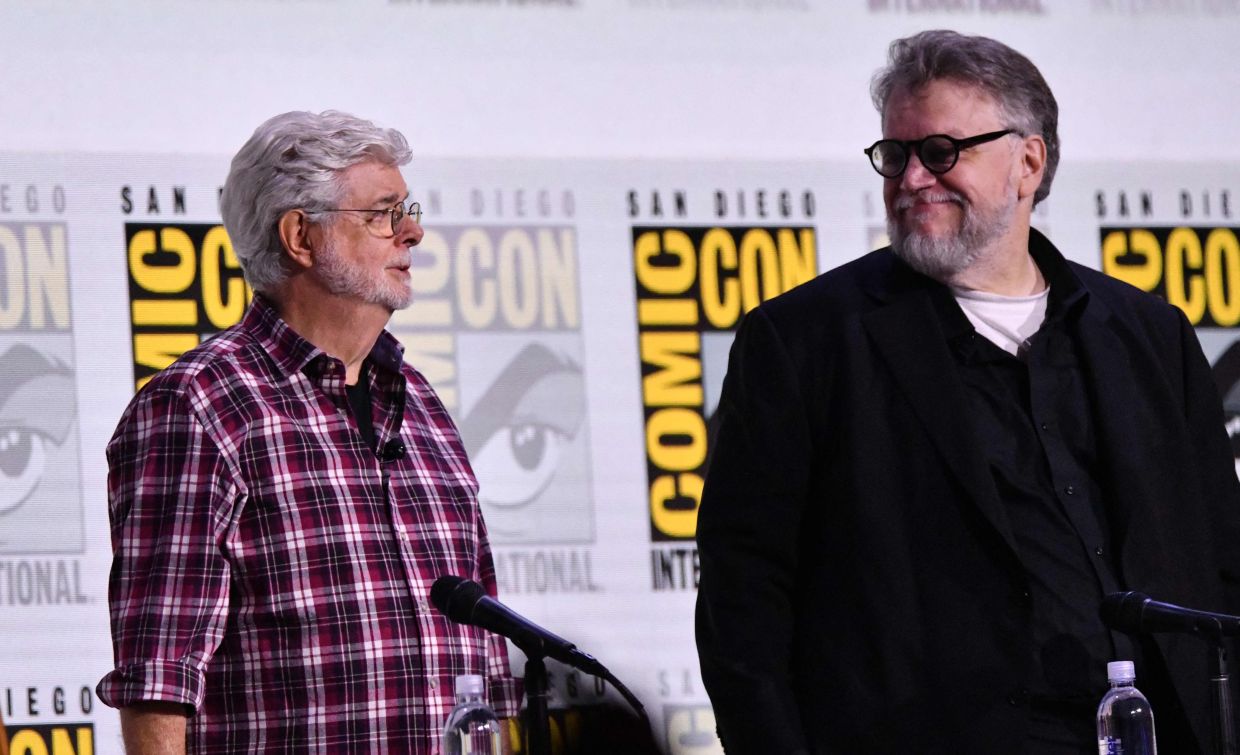 George Lucas (left) and Guillermo del Toro attend the Lucas Museum of Narrative Art panel at Comic-Con in San Diego on July 27. Photo: AFP
