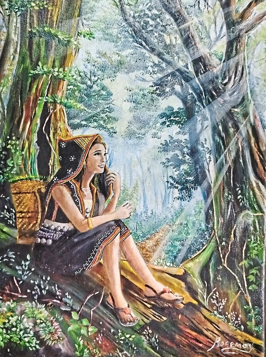 Rosemary’s painting of the Dusun Liwan costume captures its elegance - a black velvet ensemble adorned with gold trimmings and intricate beadwork. 
