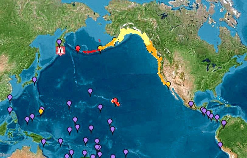 Alerted shores: The National Oceanic and Atmospheric Administration’s (NOAA) Tsunami Warning System showing tsunami warnings (red), advisories (orange) watches (yellow) and threats (purple) after an 8.8 earthquake hit off of Russia’s far east. — AP