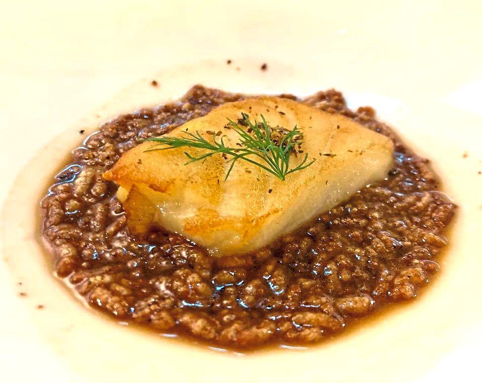 Ikan Kurau with Shoyu Garlic Puffed Grains and Chai Boey Reduction.