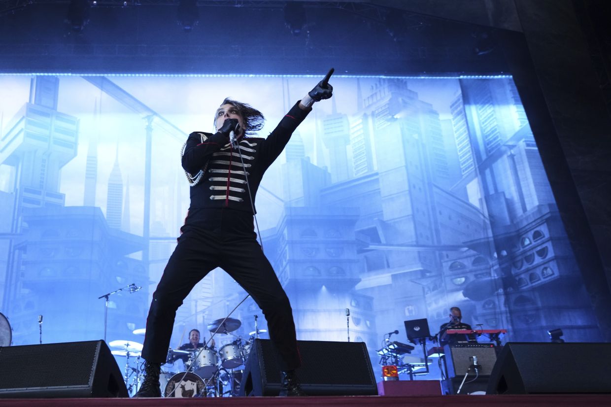 Gerard Way of My Chemical Romance performs during the opening night of the band's 'Long Live the Black Parade' tour. — AP Photo/Lindsey Wasson