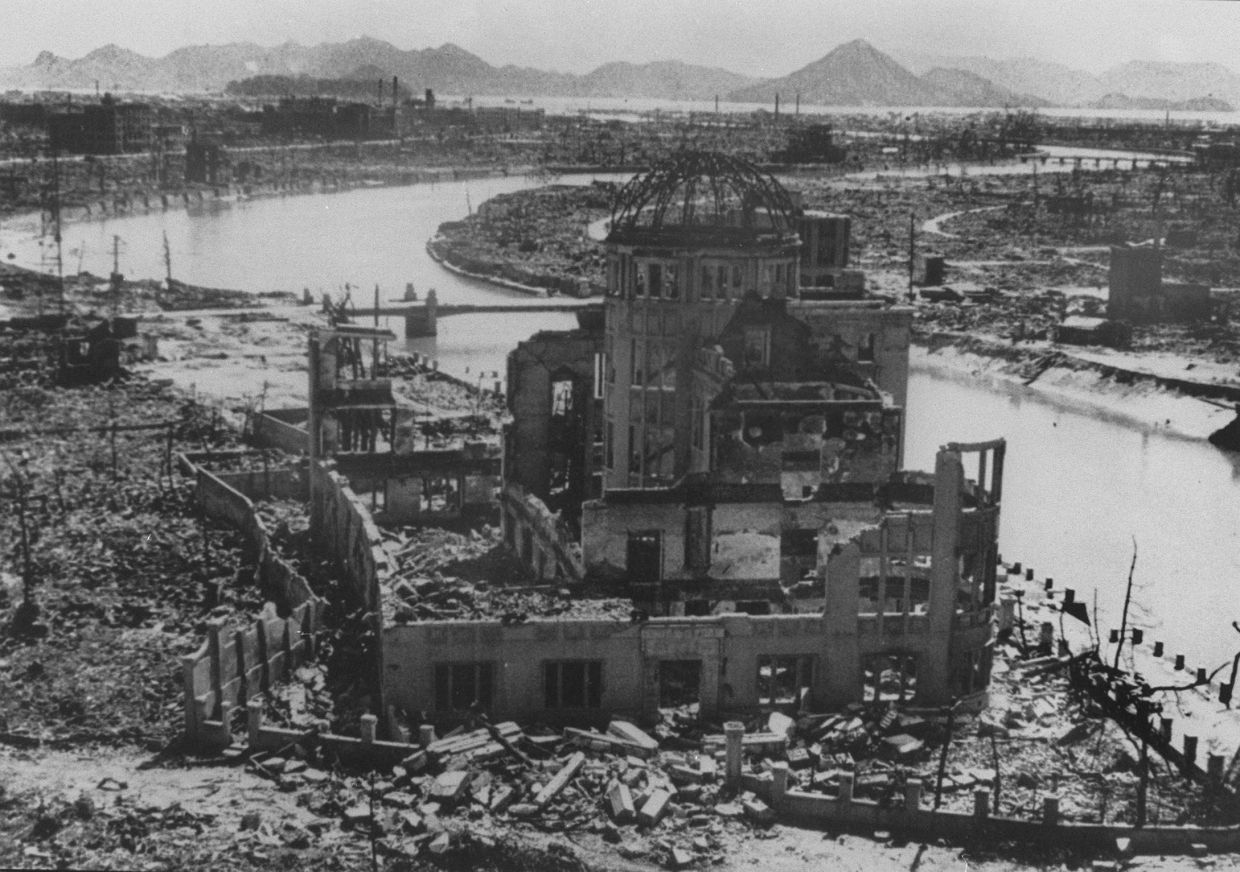 A photo dated September 1945 of the remains of the Prefectural Industry Promotion Building after the bombing of Hiroshima, which was later preserved as a monument. The US nuclear bombing of Hiroshima on August 6, 1945, left around 140,000 people dead. It was followed days later by the bombing of Nagasaki on August 9 that killed around 74,000 people. The twin bombings dealt the final blow to imperial Japan, which surrendered on August 15, 1945, bringing an end to World War II. -- Photo by AFP