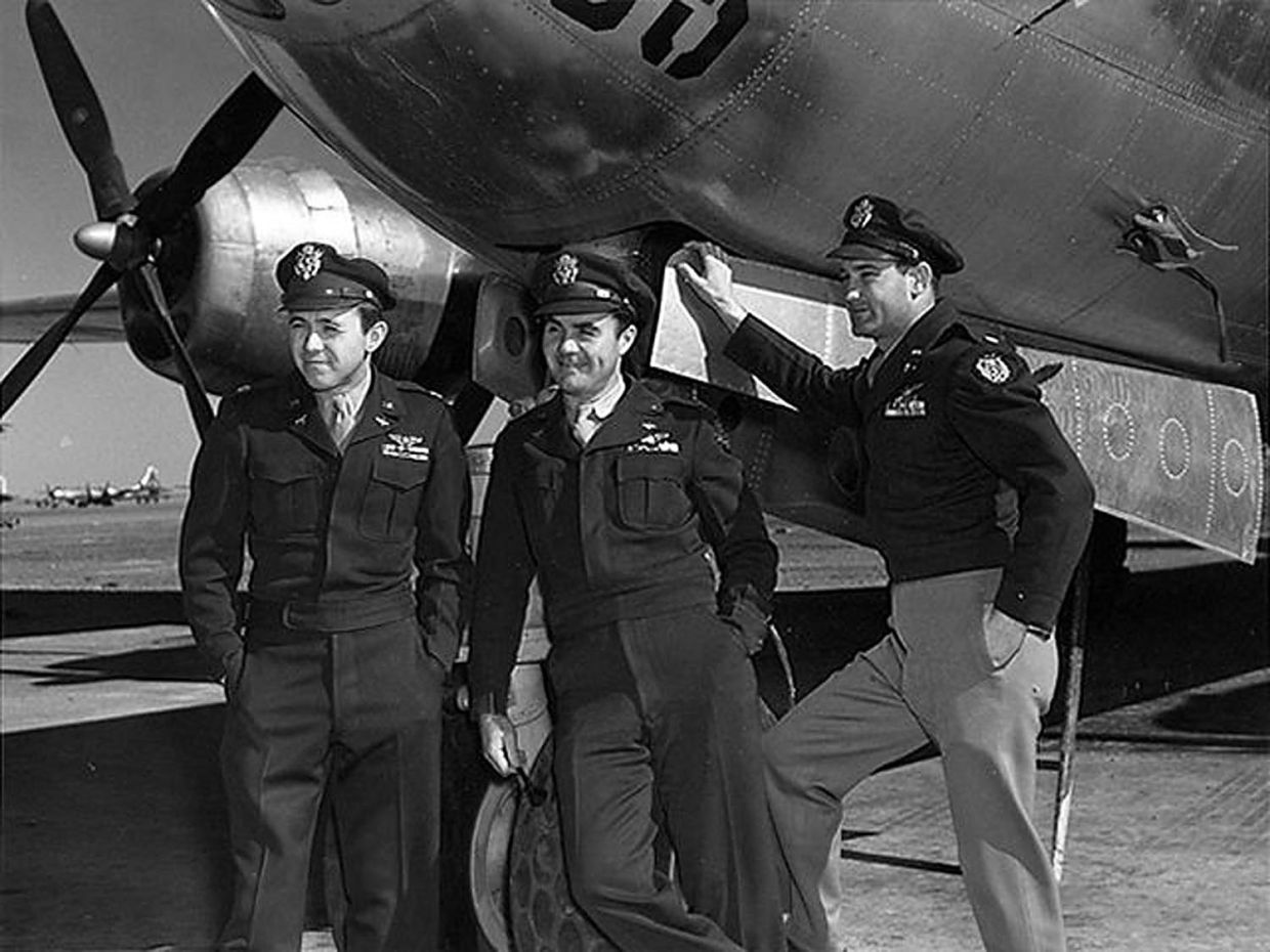This file photo from the US Air Force, taken in August 1945, shows Maj. Theodore Van Kirk (L), navigator, Col. Paul Tibbets (C), pilot, and Maj. Thomas Ferebee, bombardier, after dropping the first atomic bomb on Japan. The US nuclear bombing of Hiroshima on August 6, 1945, left around 140,000 people dead. It was followed days later by the bombing of Nagasaki on August 9 that killed around 74,000 people. The twin bombings dealt the final blow to imperial Japan, which surrendered on August 15, 1945, bringing an end to World War II. - Photo: AFP