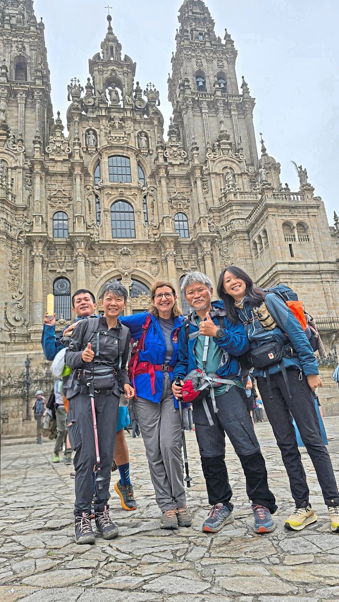 Pilgrims arriving at the Cathedral of Santiago de Compostela.