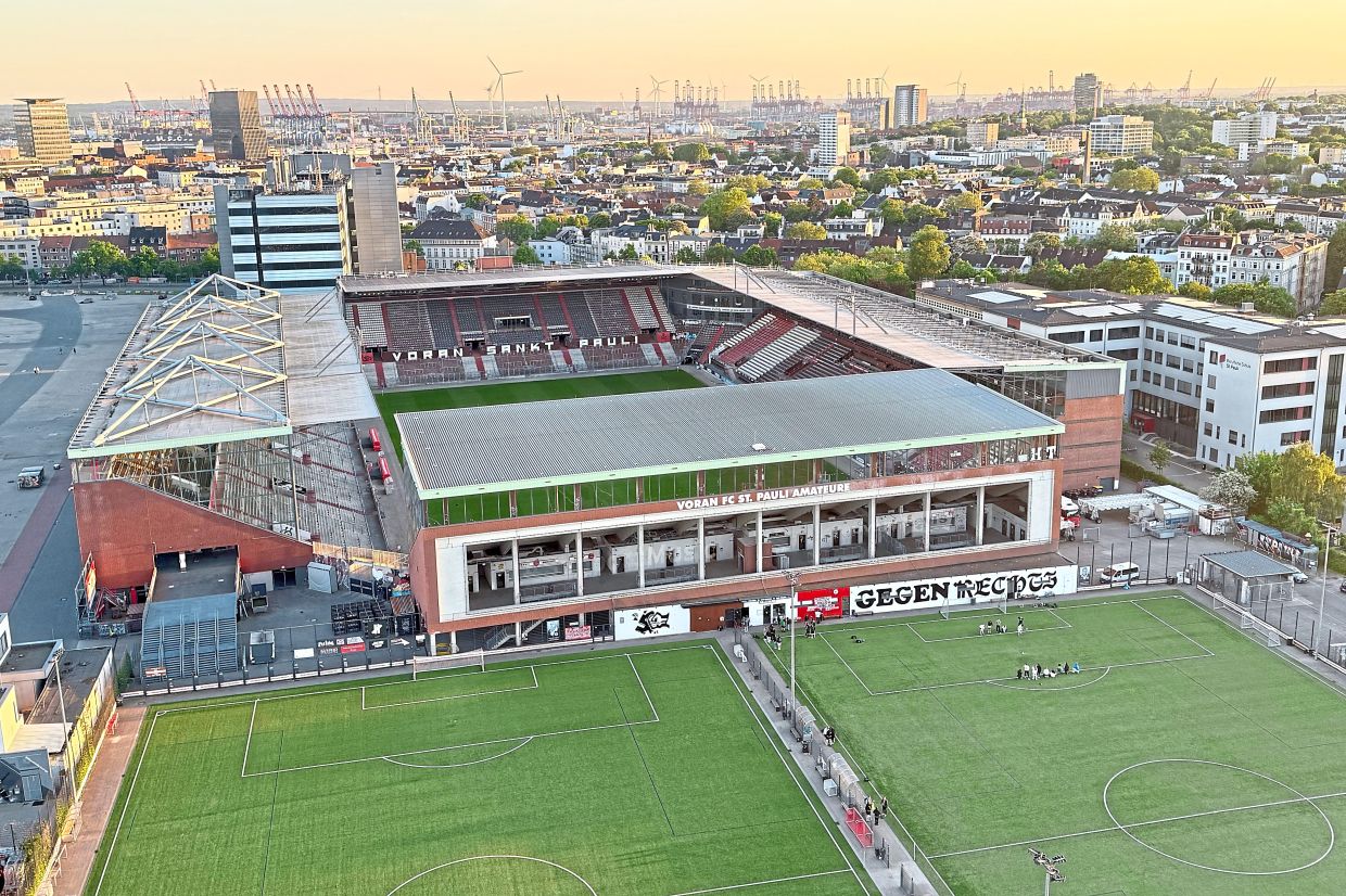 A St Pauli bunker has this view of the Millerntor stadium.