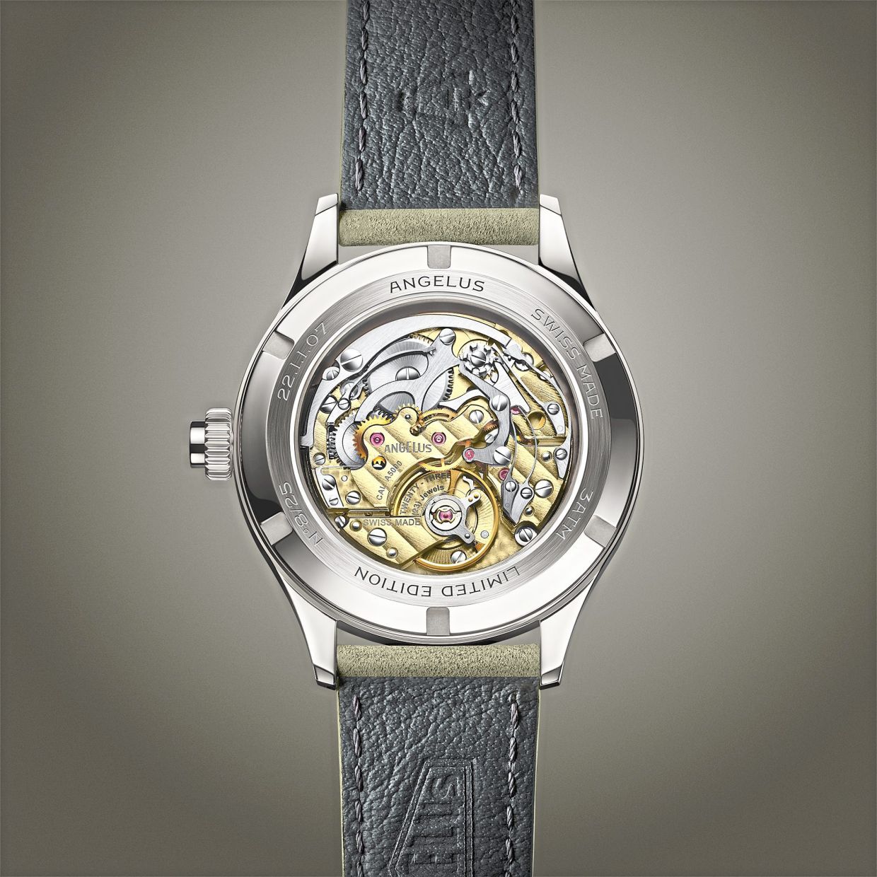 The back of the Angelus Chronographe Telemetre Steel Grey.