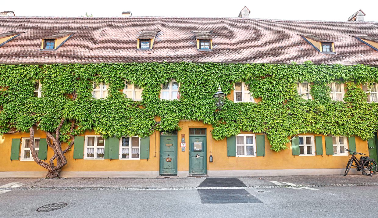 Climbing plants line the walls of homes on a street at the Fuggerei.