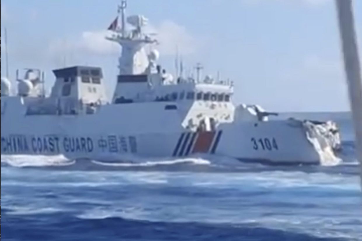 In this photo, taken from video and provided by the Philippine Coast Guard, a damaged Chinese Coast Guard ship is seen after accidentally colliding with a Chinese Navy vessel while chasing a Philippine fisheries boat near Scarborough Shoal in the disputed South China Sea on Monday, Aug. 11, 2025. -- Photo: Philippine Coast Guard via AP