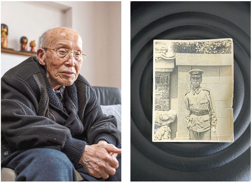 Ozaki, 97, at his home in Kyoto, Japan, and (right) a photo of 15-year-old Ozaki when he enlisted in the Japanese Imperial Army. — Ko Sasaki/The New York Times