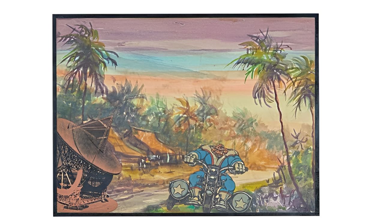 Unglehrt’s 'The Short Cut' (1995) is a collage on a painting featuring Fantastic Four’s The Thing riding a motorcycle through a kampung. Photo: Harta Space