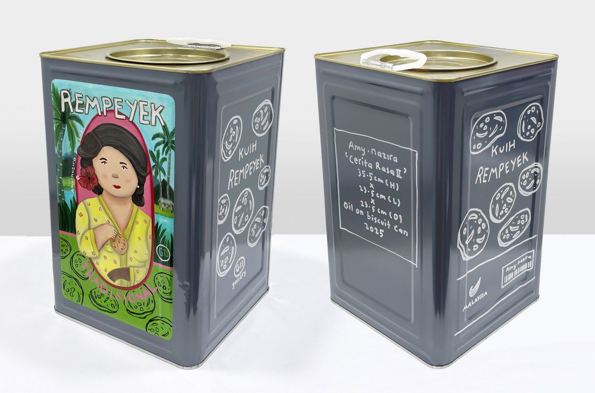 Amy Nazira's 'Cerita Rasa II' (oil on biscuit can, 2025). Photo: G13 Gallery