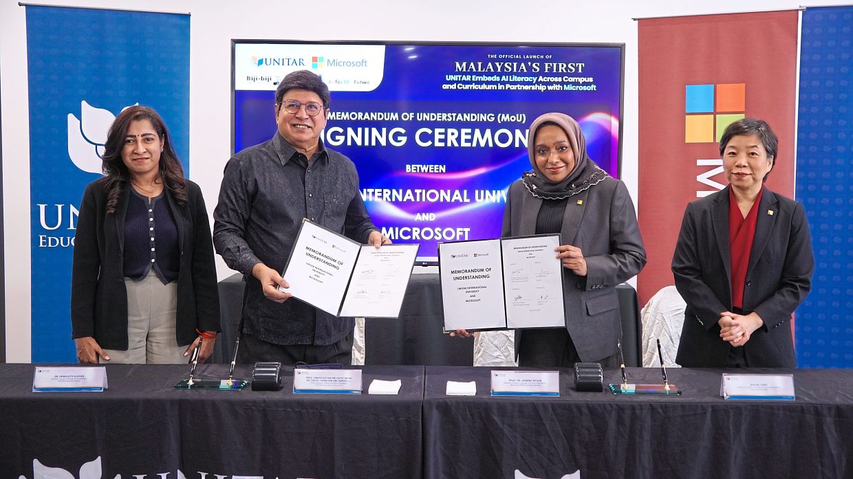 Prof Sahol (second left) and Dr Begum (second right) at the recent Memorandum of Understanding (MoU) signing ceremony between UNITAR and Microsoft. They were joined by UNITAR Education Group’s Centre for Academic Excellence director Dr Hemalata Alagan (far left) and Microsoft Malaysia Legal and Government Affairs director Adilah Junid (far right).
