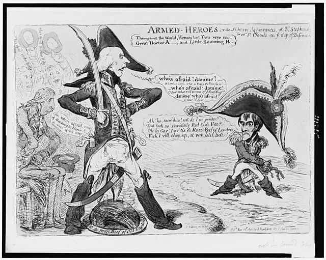 An engraving titled “Armed Heroes” by James Gillray which was published in 1803 poking fun at Napoleon's alleged diminutive stature.