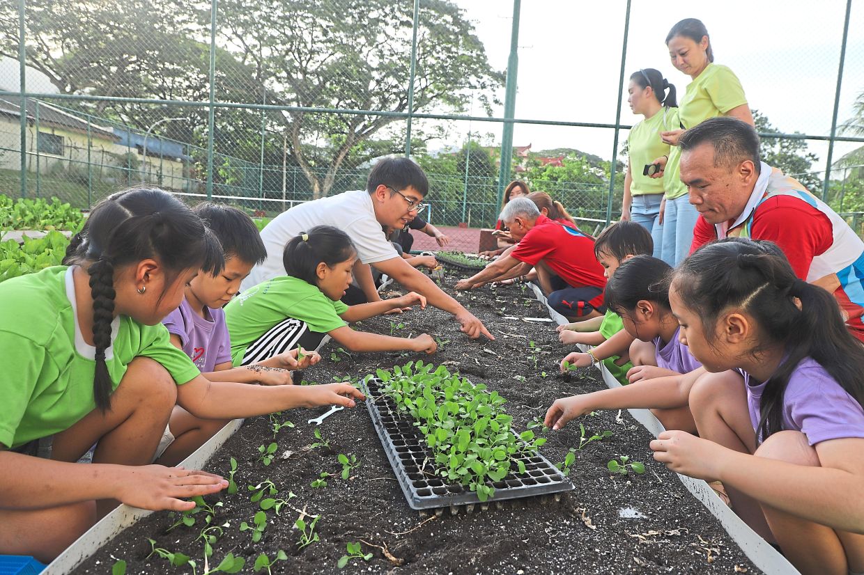 Tan (squatting at right) and Ong (left, in white T-shirt) looking on as children from Childhood Garden Kindergarten try their hand at transplanting seedlings onto the garden bed at Grand View Condominium.