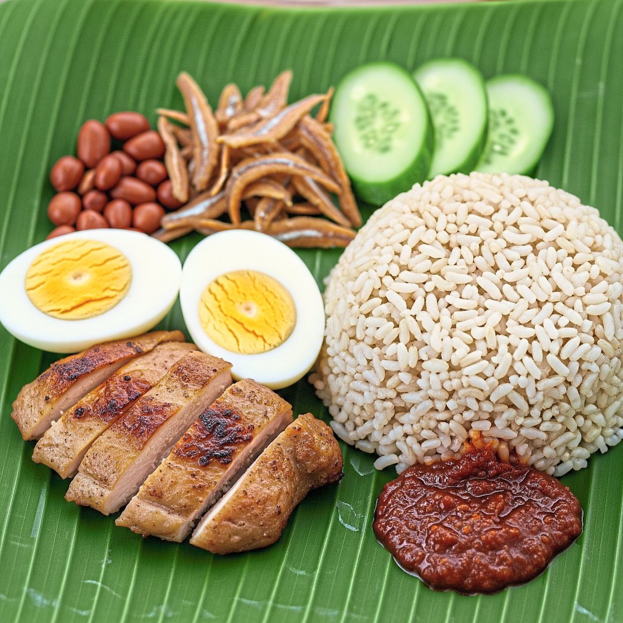 Adapting favourite dishes for healthier eating is more sustainable for weight-loss efforts than forbidding such dishes altogether. For example, the white rice in nasi lemak can be replaced by brown rice, the ikan bilis can be air-fried instead of fried, and the chicken can be grilled instead of fried. (This image was human-created, AI-aided.)