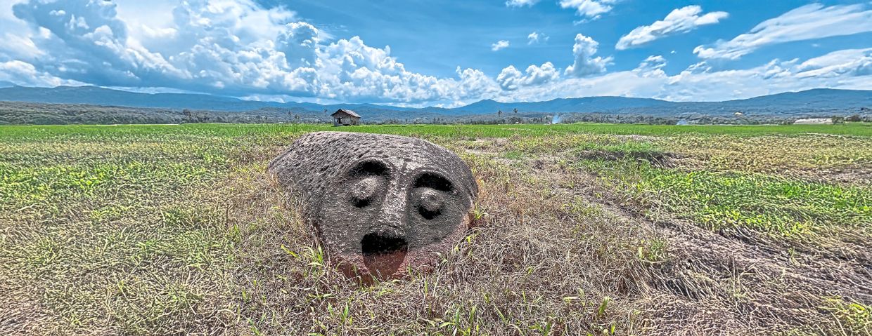 One of Lore Lindu’s mysteries: a round-eyed megalith half-sunk in the earth, watching silently as harvests pass by and clouds roll across the valley.