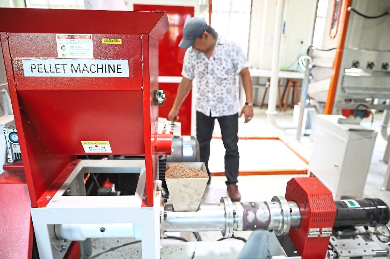 Ikan bandaraya-based fish feed being produced in a pellet machine at Unisel in Bestari Jaya.