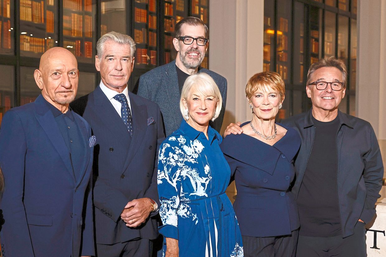 (From left) Kinsley, Brosnan, Osman, Mirren, Imrie and Columbus at the London premiere of 'The Thursday Murder Club'. Photo: AP