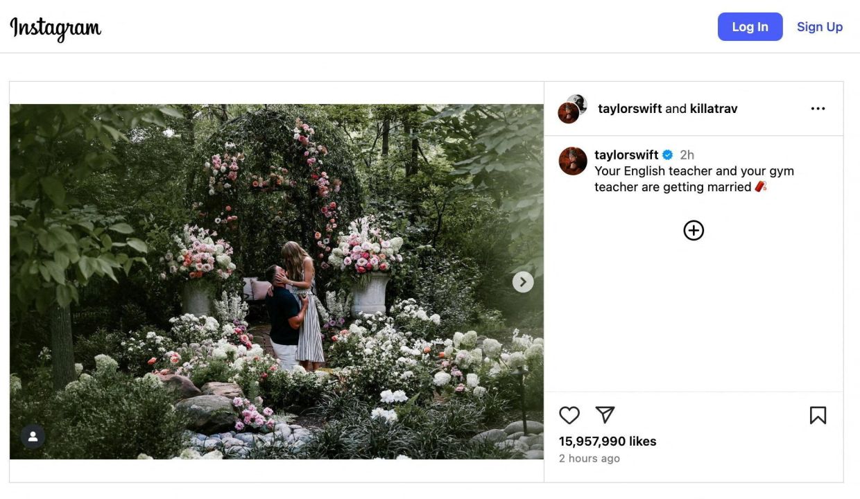 An Instagram post reading 'Your English teacher and your gym teacher are getting married,' along with a photo showing National Football League player Travis Kelce proposing to singer Taylor Swift, in this screenshot taken from a social media post, August 26, 2025. — Taylor Swift via Instagram/via REUTERSTHIS IMAGE HAS BEEN SUPPLIED BY A THIRD PARTY. MANDATORY CREDIT. NO RESALES. NO ARCHIVES.