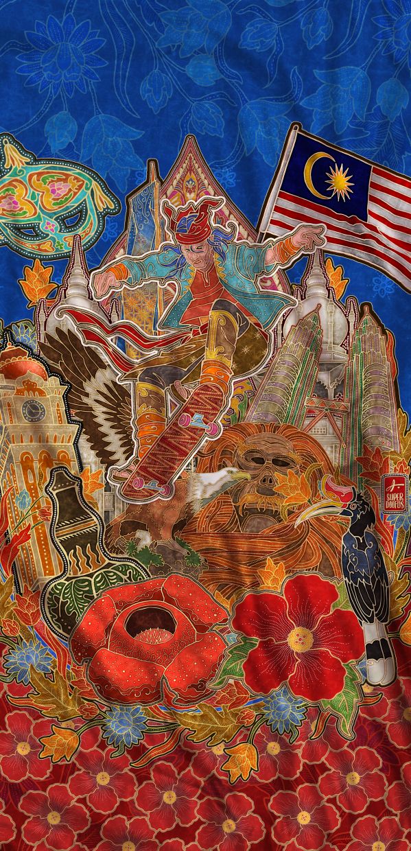 For his Merdeka-themed series this year, Arif invited feedback from his social media followers, who helped expand the nationalistic motifs - even suggesting a Hang Tuah on a skateboard. Photo: Arif Rafhan