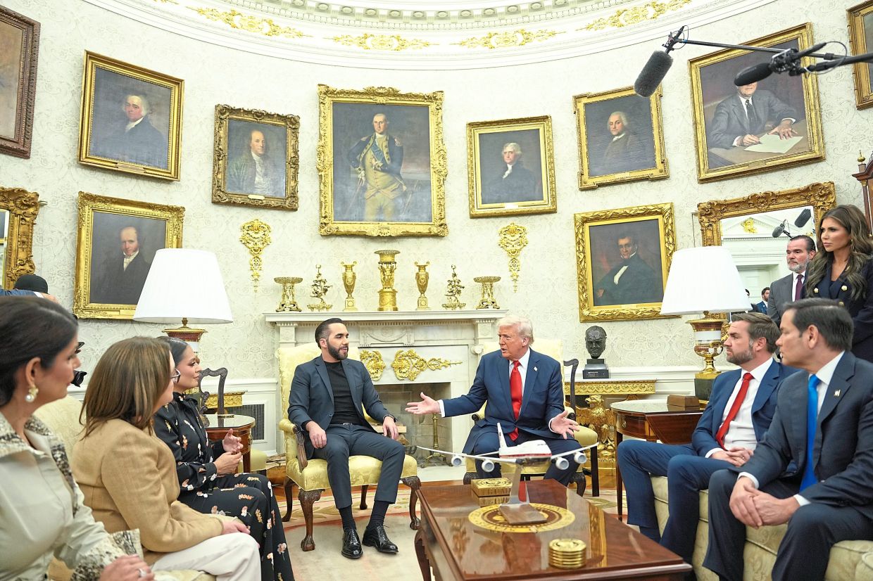 President Donald Trump with President Nayib Bukele of El Salvador inside the Oval Office of the White House on April 14.
