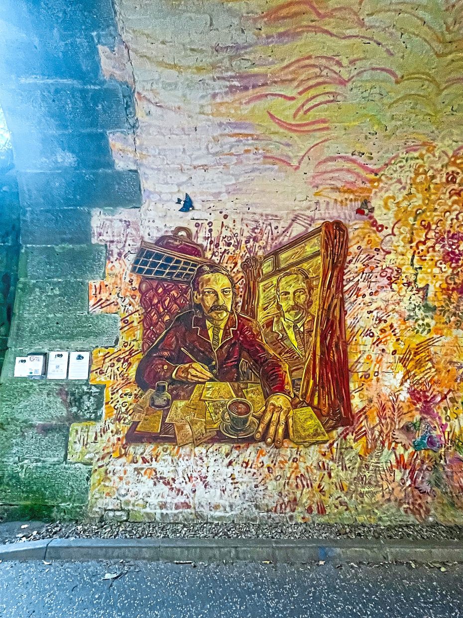 A mural of Robert Louis Stevenson at Colinton Tunnel in Scotland.