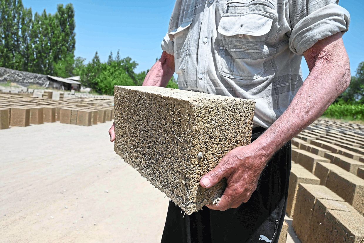 A close-up of a rice construction block, made mostly of rice husks.
