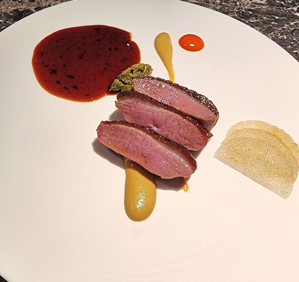 Cooked beautifully, the duck has incredibly crispy skin that succumbs to supple, succulent flesh.