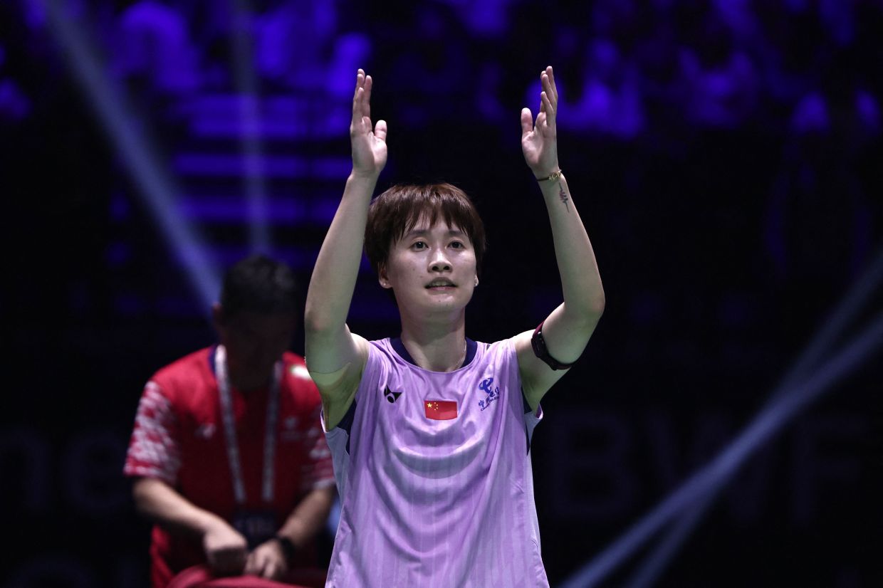 China's Chen Yufei celebrates after winning against South Korea's An Se-young during the women's semi-final single match at the Badminton BWF World Championships at the Adidas Arena in Paris, on August 30, 2025. -- Photo by Thibaud MORITZ / AFP