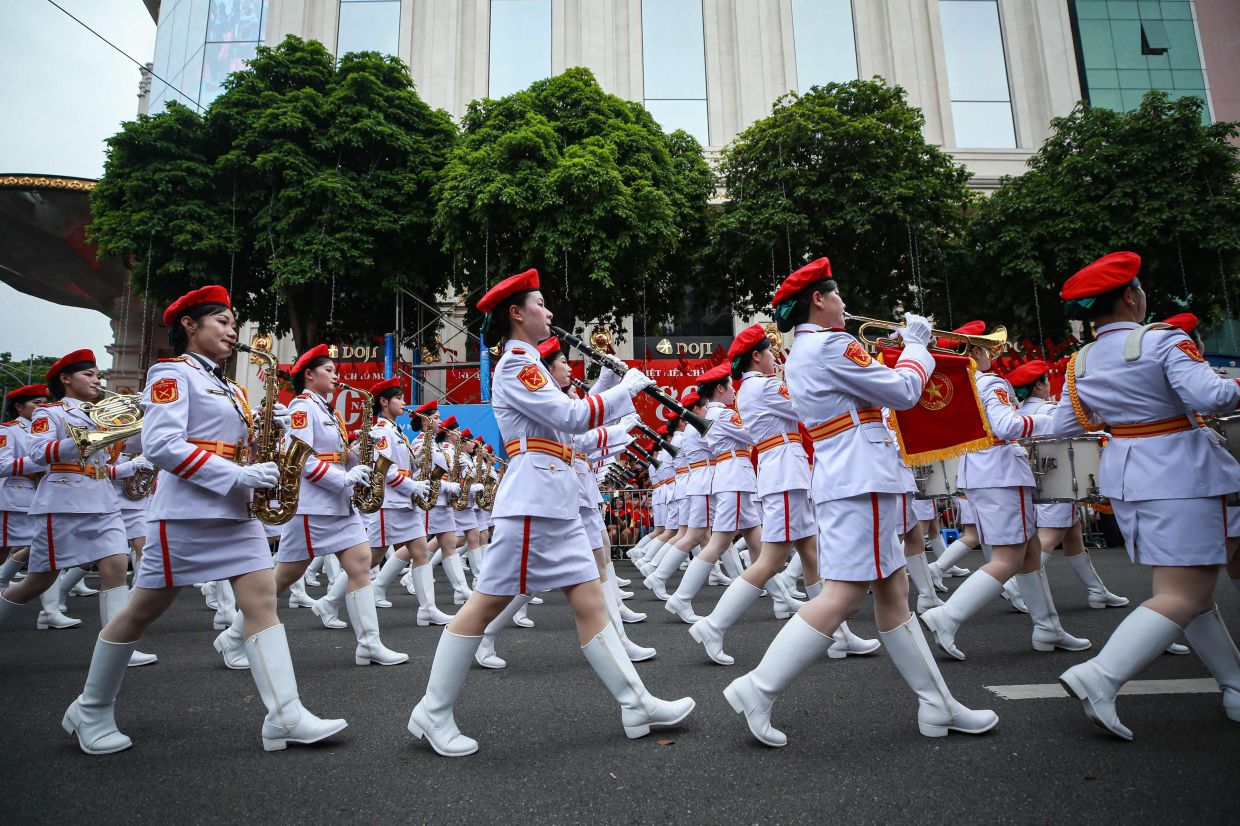 A military band unit of the Vietnamese People's Army marches during a parade marking Vietnam's 80th National Day celebrations in Hanoi on Sept 2, 2025. - AFP