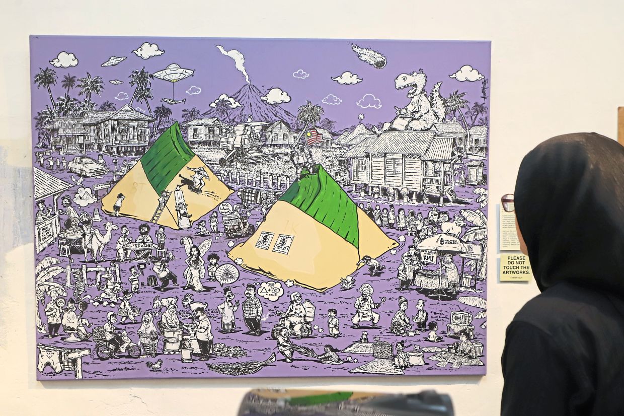 ‘Kampung Nasi Lemak’ by Azmi depicts two huge packets of Malaysia’s favourite breakfast dish in a village setting.