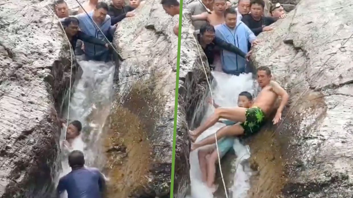 ‘Human barrier’: Chinese men rescue boy trapped between huge rocks in a ...