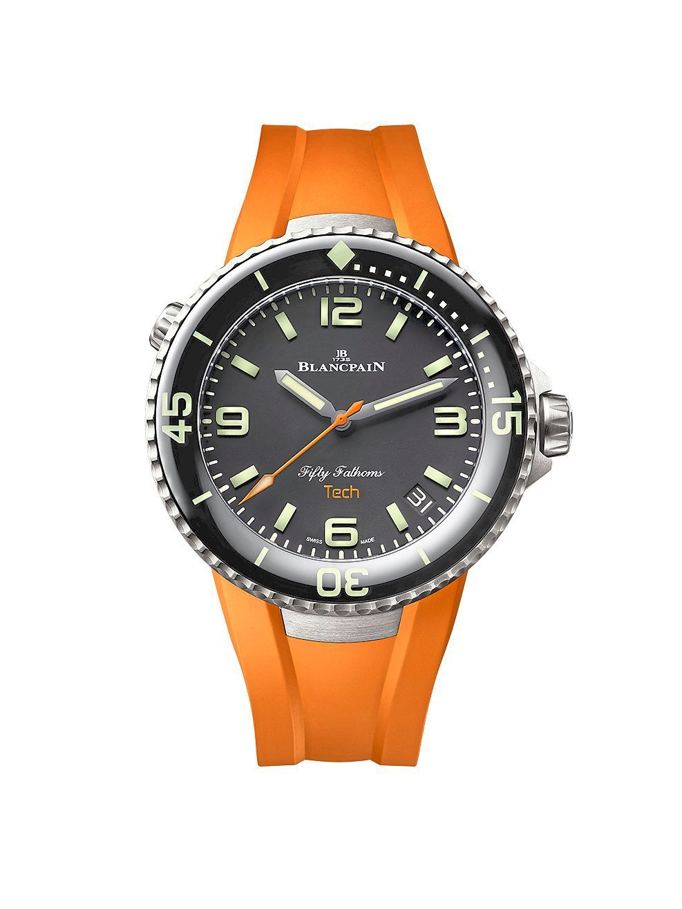 The strap matches the Tech’s orange central seconds hand and TECH inscription on the dial.