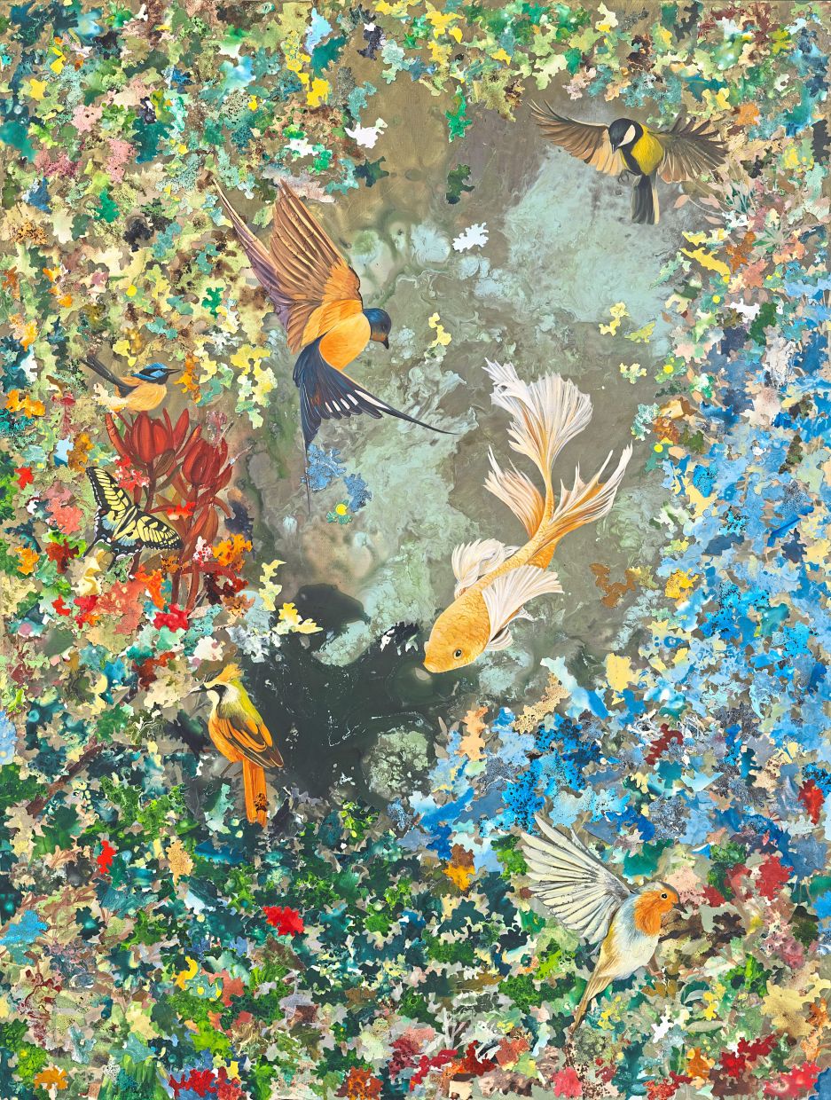 A 2025 work titled 'Veil Of The Unseen' (Sorundung Dit Au Okito) combines collage on canvas with oil paint, acrylic, and bitumen.