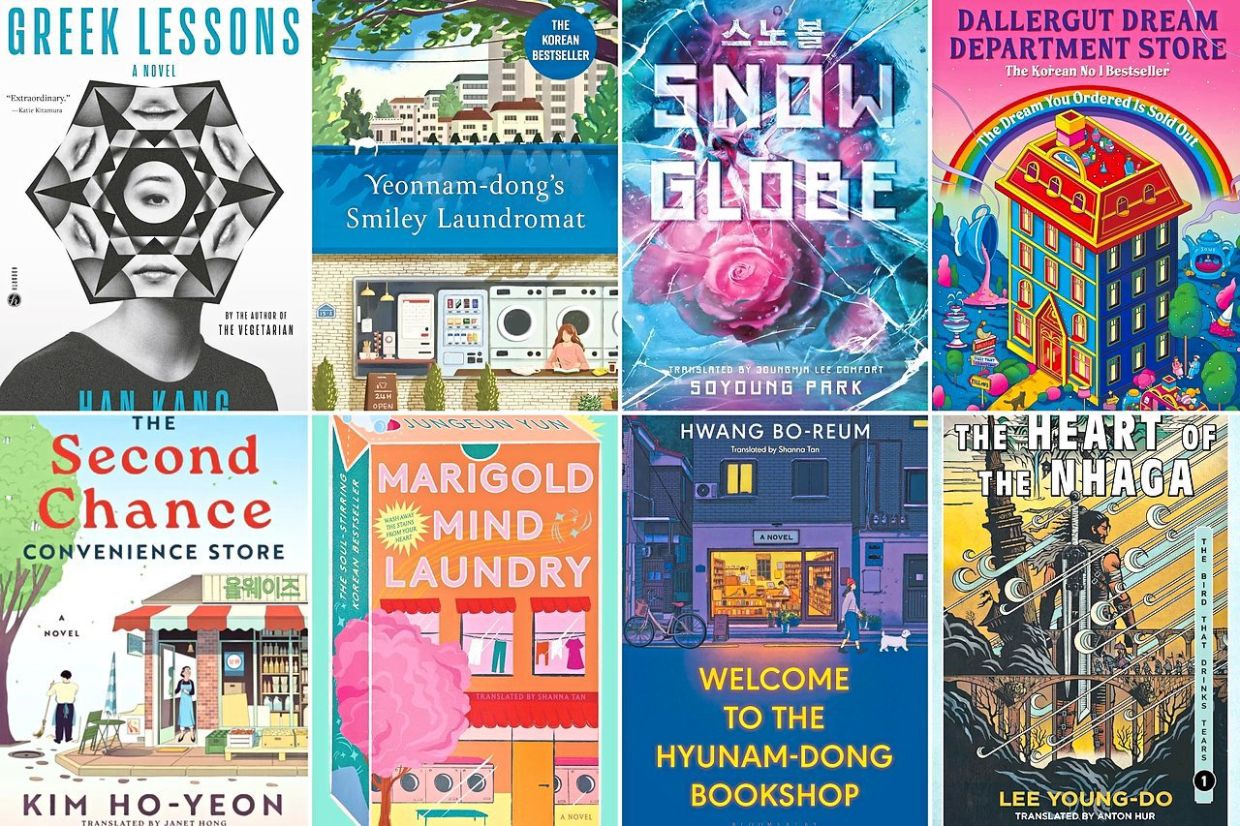 (Clockwise from top left) 'Greek Lessons', 'Yeonnam-dong's Smiley Laundromat', 'Snowglobe', 'The Dallergut Dream Department Store', 'The Heart of the Nhaga', 'Welcome to the Hyunam-Dong Bookshop', 'Marigold Mind Laundry', and 'The Second Chance Convenience Store'. (Provided by various publishers via The Korea Herald/Asia News Network)