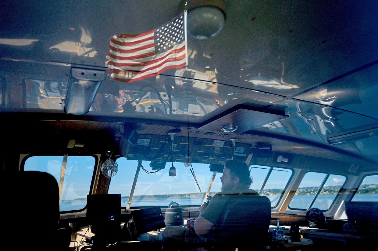 Peter emery piloting the ‘Gaspee’ along the Sakonnet river near portsmouth. — ap