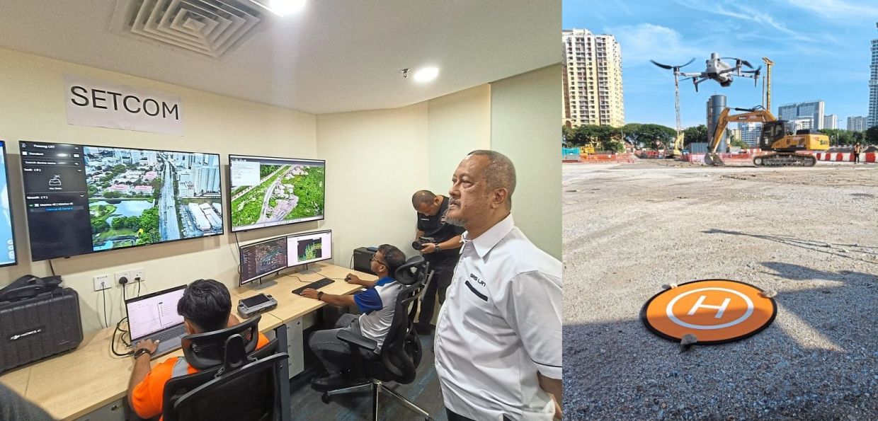 SRS Consortium Sdn Bhd’s project director Adil Putra Ahmad with his team monitoring traffic. To ensure traffic continues to flow reasonably well, SRS has been collecting comprehensive data using ground enumerators and a fleet of drones (right).
