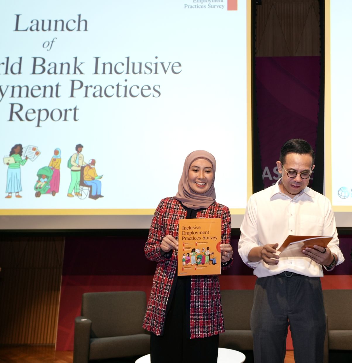 Shakira at the report launch with Human Resources Minister Steven Sim. She says among the main areas employers can look into when it comes to more inclusive employment practices are policies related to hiring career returnees, childcare provisions and benefits as well as flexible work arrangements. — World Bank