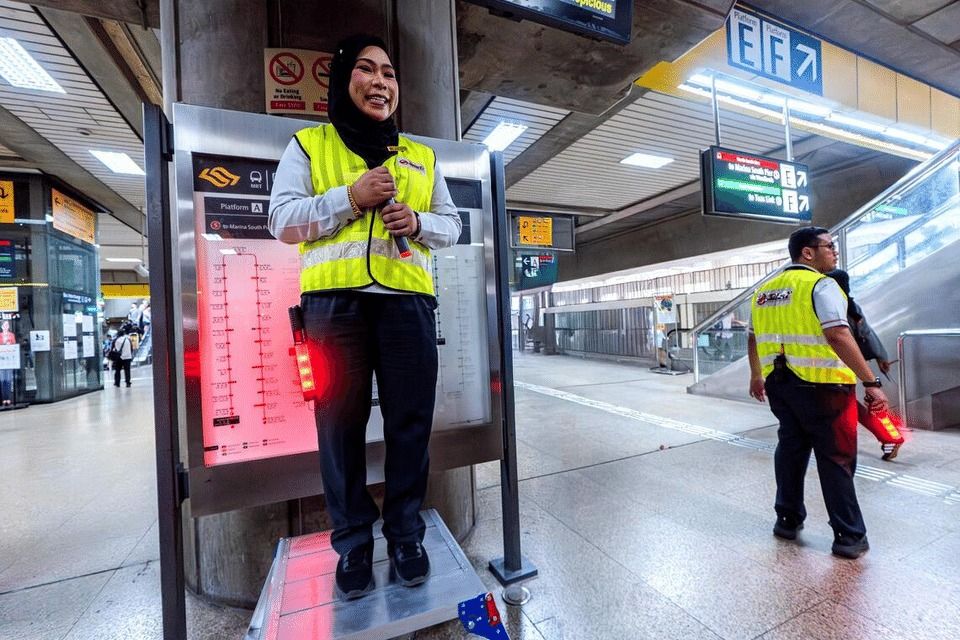 SMRT station staff have mini elevated platforms to stand on, high-visbility vests, light sticks, whistles, loudhailers and portable speakers. - Photo: SMRT