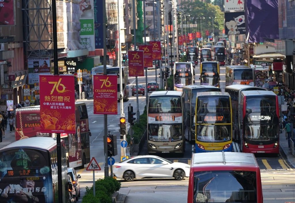 Banners celebrating National Day hang from lampposts along Mong Kok’s Nathan Road. - Photo: Sam Tsang