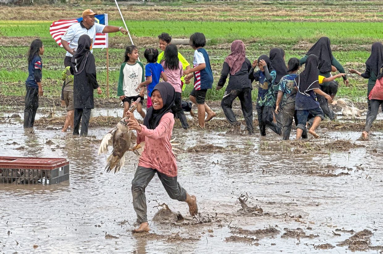A young contestant looking thrilled with her haul during the duck-catching competition at the Paddy Field Carnival in Sungai Besar, Selangor.