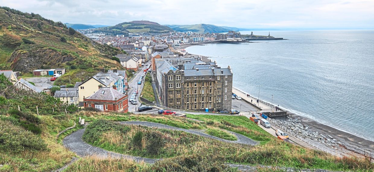 A view of Aberystwyth town by Cardigan Bay, as seen from the top of Constitution Hill.